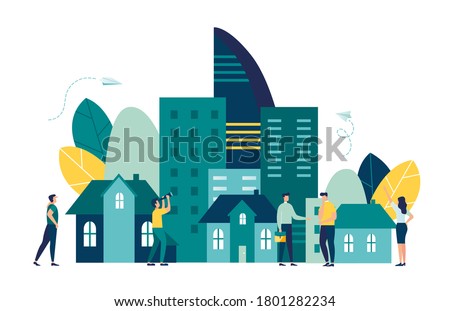 Vector illustration, real estate business concept with houses, real estate market growth, exchange of living space, presentation of a house, house for an apartment vector