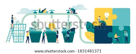Vector illustration, brainstorming, business concept for teamwork, finding new solutions, generating and generating ideas, maturing new ideas in the form of a light bulb