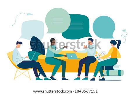 Vector illustration, workers are sitting at the negotiating table, vector collective thinking and brainstorming, company information analytics