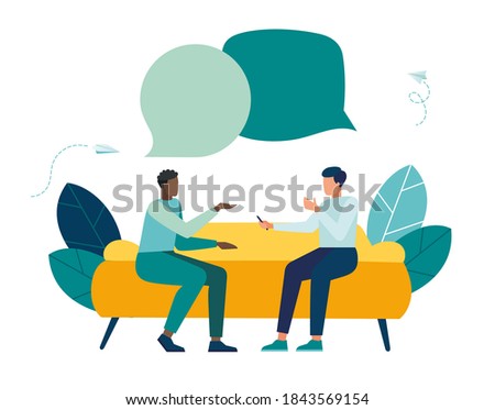 Vector illustration, workers are sitting at the negotiating table, vector collective thinking and brainstorming, company information analytics