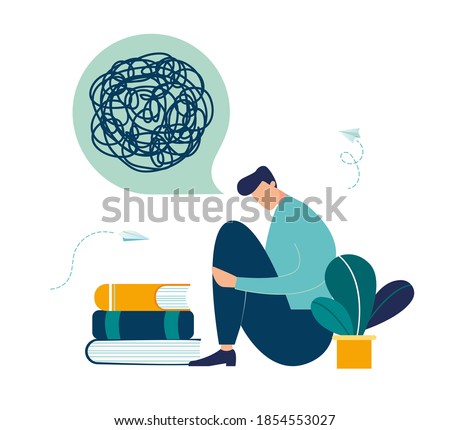 Vector illustration, support concept for those who are under stress, young man in a state of depression, confused situation, support is an opportunity and a chance