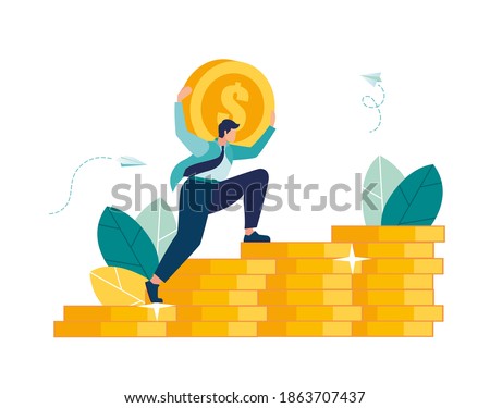 man climbs coin chart, investment management, money growth and profit chart, career growth to success, flat color icons, business analysis, vector illustration
