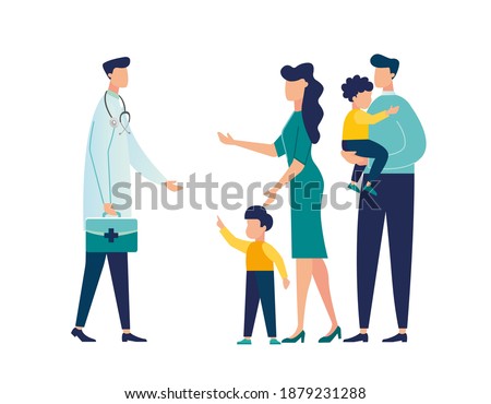 Doctor's appointment with children, family doctor, treatment of childhood disease, addictions and mental problems, vector illustration