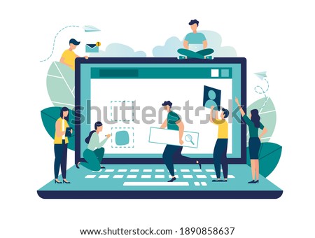 A team of people is developing a website by filling it with functions, concept vector illustration for the development of websites and mobile sites, SEO, mobile applications, business solutions, vecto