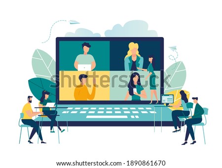 Online business conference, creative illustrations, businessmen, online joint meeting, team thinking and brainstorming, company information analytics vector, vector illustration