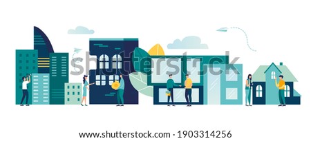 Buying and choosing housing, real estate and turnkey rentals, buildings, skyscrapers, house, vector illustration 