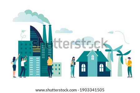 Industrial infographic template, ecology and nature pollution concept, buildings, skyscrapers, factories, house, nature, energy from windmills, vector illustration 