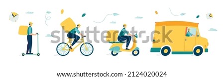 online delivery fast food service 24 7. The courier delivers food ordered through the application on bicycle. mobile food delivery on motorcycle and minivan. courier express delivery vector design