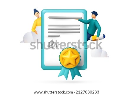 3d certificate or diploma stamped with medal Quality guarantee, quality mark certificate or patent, teamwork on certificate man and girl. vector 3d render illustration 
