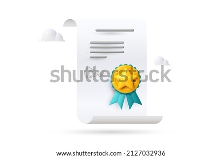 3d certificate or diploma stamped with medal Quality guarantee, quality mark certificate or patent, teamwork on certificate man and girl. vector 3d render illustration 