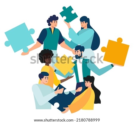 jigsaw puzzles are a great element of team work and search for ideas. business teamwork together people connect puzzle elements. vector illustration in flat style