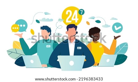 Customer service, hotline operators consult customers with headsets on computers, 24 7 global online technical support, Call center, call processing system, Vector illustration 