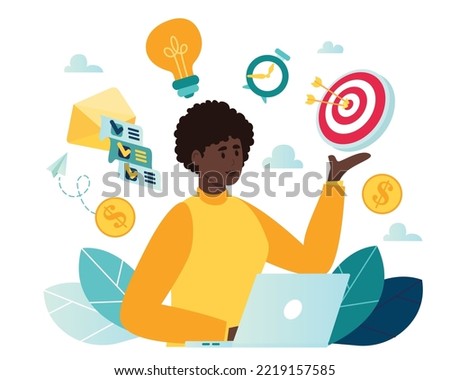 Multitasking work, productive master woman many hands productive doing her job thanks to time management and skill management. workaholic workplace stress management. Multitasking skills vector illust