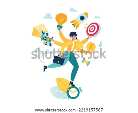 Multitasking work, productive master woman many hands productive doing her job thanks to time management and skill management. workaholic workplace stress management. Multitasking skills vector illust