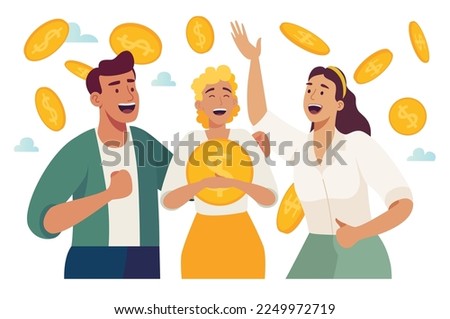 Lottery win or jackpot win, people holding coins three sevens slot machine game, money lottery, big jackpot 777. slot machine or lottery winner character vector flat illustration lucky winners 