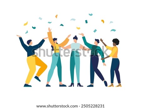 Happy team giving high five with joy, business people celebrate success in work collaboration together. celebrating teamwork in an office unity and support between colleagues. Flat vector illustration