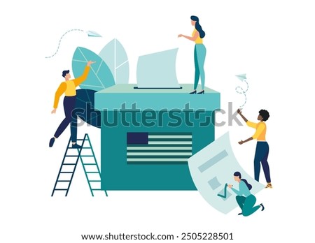 election campaign, group of voters in queue at polling station vote make decision and put paper ballot in ballot box. democracy government people's choice. vector flat illustration fair elections