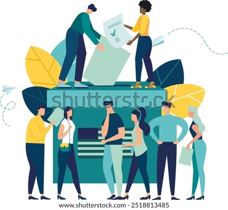 election campaign, group of voters in queue at polling station vote make decision and put paper ballot in ballot box. democracy government people's choice. vector flat illustration fair elections