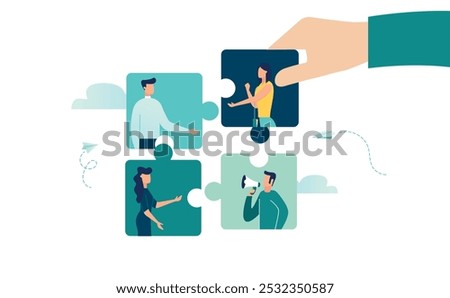 teamwork to find a solution, assign the right person to the right job, human resources department by the hand of a businessman, connect a puzzle, vector illustration