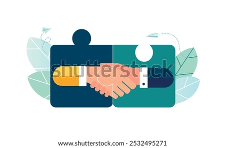 teamwork to find a solution, assign the right person to the right job, human resources department by the hand of a businessman, connect a puzzle, vector illustration