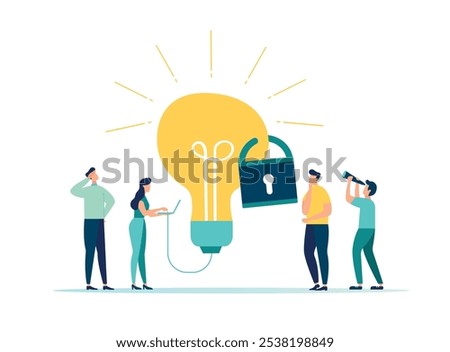 Intellectual property, copyrights are protected, who cannot copy the concept, the owner is a businessman standing with the idea of a light bulb padlocked for patents, vector illustration