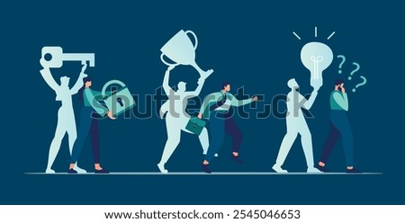 Process problem solving characters holding icons key and lock, work and success trophy, question problem and solution idea light bulb. vector business illustration shadow. hint in self growth