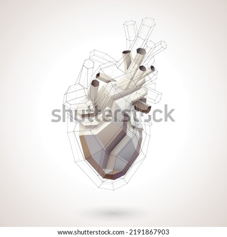 3D illustration of a polyhedron human heart using earth tones and a heart-shaped black lattice covering it. For medical and commercial use