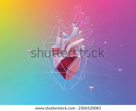 3D illustration of a human heart presented in geometric shapes consisting of white lines scattered around its periphery. Medical, educational and commercial use.