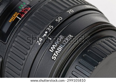Rostov - on - Don, Russia - July 22, 2015: Details of  the lens - Canon EF 24-105mm f/4L IS USM.