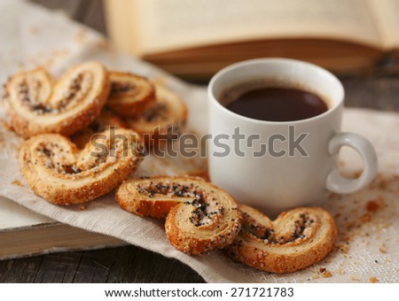 student snack, coffee and biscuits with poppy seeds and sugar