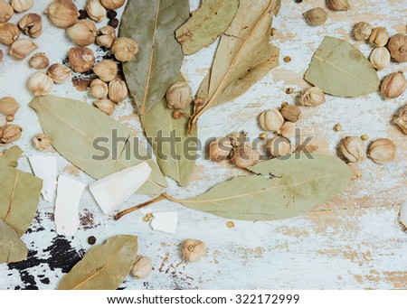 Cardamom, laurel leaves and coriander on the white rustic table. Background