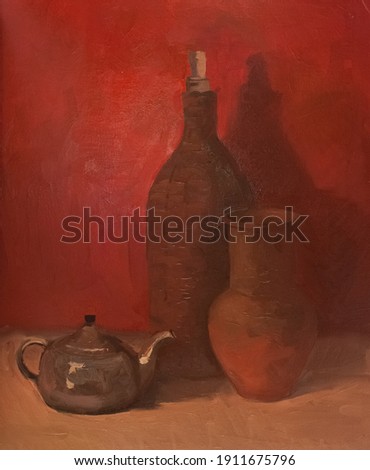 Oil painting still life with the bottle. Original painting on canvas. Handmade artwork in red colors