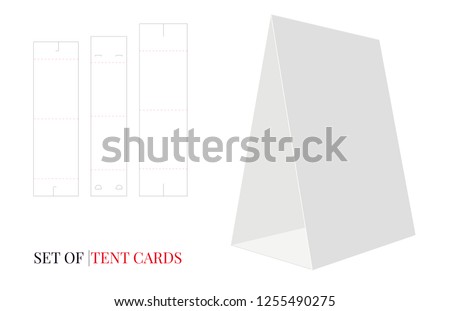 Tent Branding Card Template. Vector with die cut, laser cut layers. Illustration, three different designs. White, clear, blank, isolated Tent Card mockup on white background with perspective view, 3D