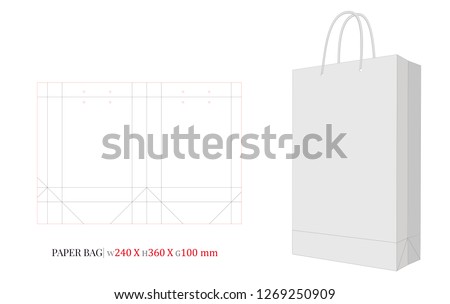 Paper Bag Template, Vector with die cut / laser cut layers. Illustration, Shopping Bag, 240 x 360 x 100, Packaging Design. White, clear, blank, isolated Paper Bag mock up on white background, 3D 