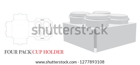 Four Pack Template, Vector with die cut  laser cut layers. Coffee Cup Holder Four Pack Cup, Glass, r. White, clear, blank, isolated Beer Carrier mock up on white background. Self Lock, Cut and Fold