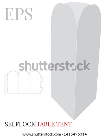 Three Side Table Tent Template, Vector with die cut / laser cut lines. White, clear, blank, isolated Table Tent mock up on white background with perspective view. Self Lock, without glue, cut and fold