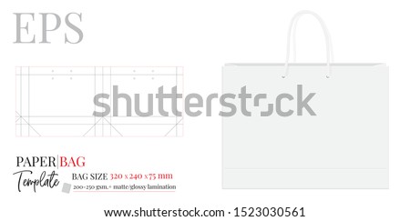 Paper Bag Template, Vector with die cut / laser cut layers. Shopping Bag, 320 x 240 x 75, Packaging Design.  White, clear, blank, isolated Paper Bag mock up on white background