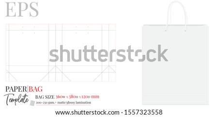 Paper Bag Template, Vector with die cut / laser cut layers. Illustration, Shopping Bag, 360 x 380 x 120, Packaging Design. White, clear, blank, isolated Paper Bag mock up on white background