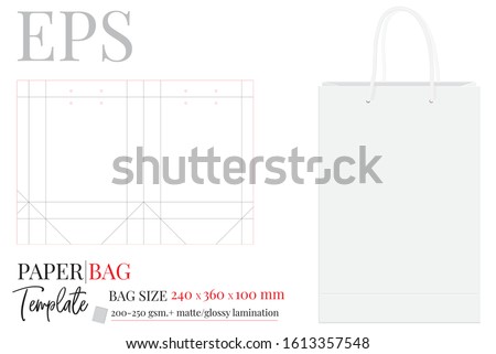 Paper Bag Template, Vector with die cut / laser cut layers. Illustration, Shopping Bag, 360 x 240 x 100, Packaging Design. White, clear, blank, isolated Paper Bag mock up on white background