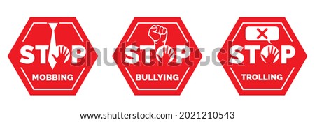 Stop mobbing, bullying trolling vector. Stop red icon. Sign Stop, keep distance. Hand illustration with stop symbol