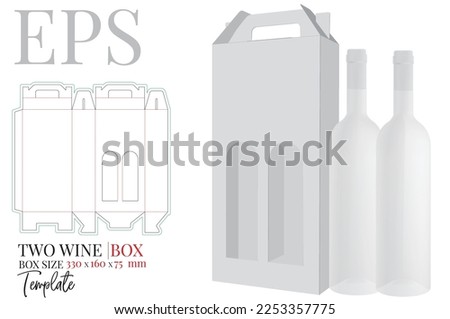 Wine box die cut template, vector. White, clear, blank, isolated two bottle box mock up on white background with perspective presentation. Packaging design   