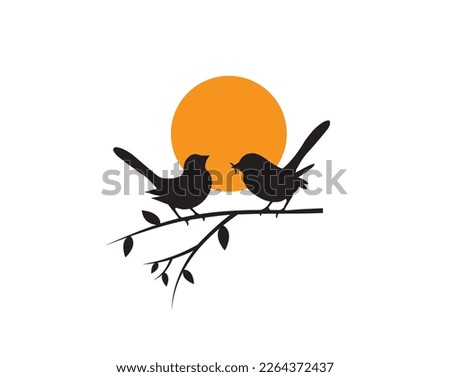 Birds couple on branch on sunset isolated on white background, vector. Two birds silhouette on branch, vector. Bird silhouette, illustration. Minimalist art design