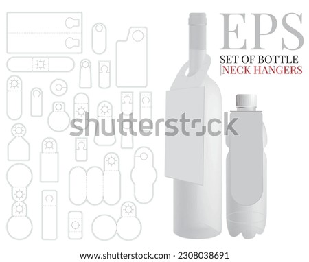 Bottle Neck Hanger Template, Wine Hanger, white, blank mock up isolated on white, Set with different designs. Vector with die cut, laser cut layers. Packaging Design, ready for your logo, brand