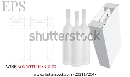 Wine box with handle die cut template, vector. White, clear, blank, isolated three bottle box mock up on white background with perspective presentation. Packaging design  