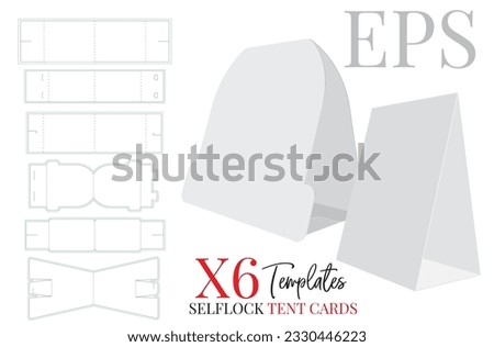 Tent Card Template, vector with die cut, laser cut layers. White, clear, blank, isolated Tent Card mockup on white background with 3D perspective presentation. Illustration, six different designs. 