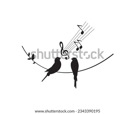 Birds Couple Silhouette on Branch singing, Vector. Birds in love Silhouette, Wall Decals, Art Decoration, Wall Decor, Birds Silhouette on branch isolated on white background, romantic
