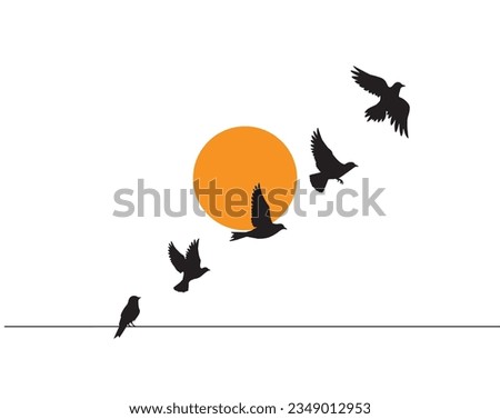 Flying birds silhouette on sunset and bir on wire, vector. Freedom concept. Scandinavian minimalist art design. Birds illustration isolated on white background. Wall art, artwork, poster design.