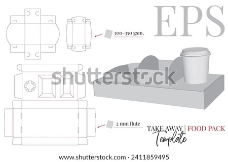 Food pack die cut template, vector with die cut and laser cut layers. White clear blank fast food and drink pack mock up isolated on white background, illustration. Self lock