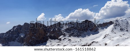 Panorama of snowy mountains in spring sunny day. Turkey, Central Taurus Mountains, Aladaglar (Anti-Taurus), plateau Edigel (Yedi Goller)