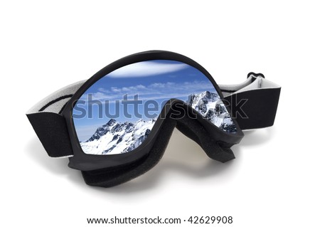 Ski goggles with reflection of mountains. Isolated on white background